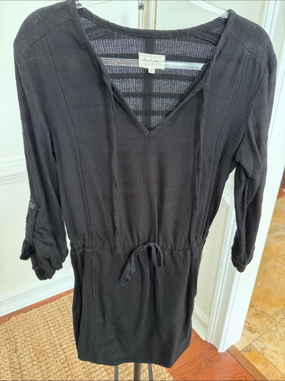 Lou & Grey Black V-Neck Drawstring Waist Long Sleeve Dress
